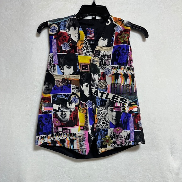 Vintage The Beatles Silk Club Vest Small Button Up 100% Silk Graphic V Neck - Picture 2 of 6